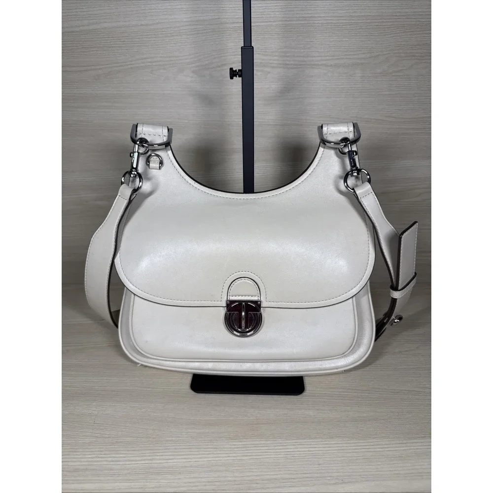Tory Burch Cream Smooth Leather James Saddle Bag Silver Hardware‎ Adjustable